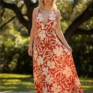 Faithfull the Brand Floral Maxi Dress in Deep Orange and Cream